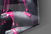 Pink Painted Woman artwork anchoring a wall with bold editorial palette