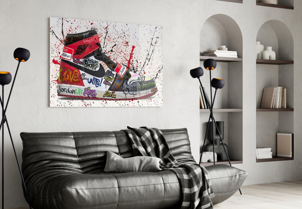Gratifi Shoe glass wall art styled above a desk in a teen room