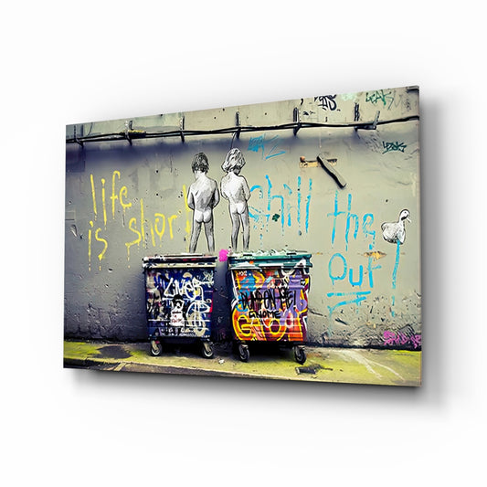 Life is Short glass wall art displayed above a console in a designer interior