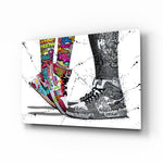 Free Love glass wall art displayed above a console in a designer interior