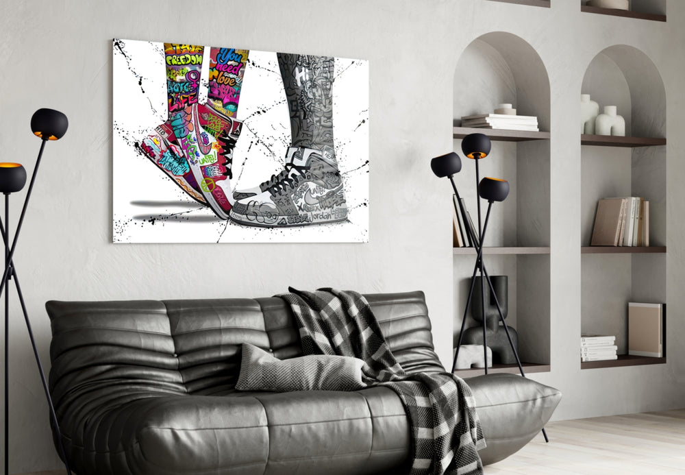 Free Love glass wall art styled above a desk in a teen room