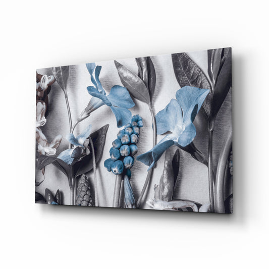 Blue Flowers glass wall art displayed above a console in a designer interior