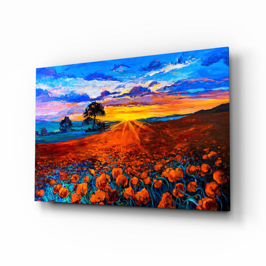 Poppy Field glass wall art displayed above a console in a designer interior