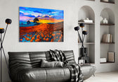 Poppy Field glass wall art styled above a desk in a country study