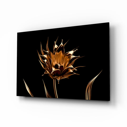 Golden Flower glass wall art displayed above a console in a designer interior