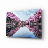 Pink Landscape glass wall art displayed above a console in a designer interior