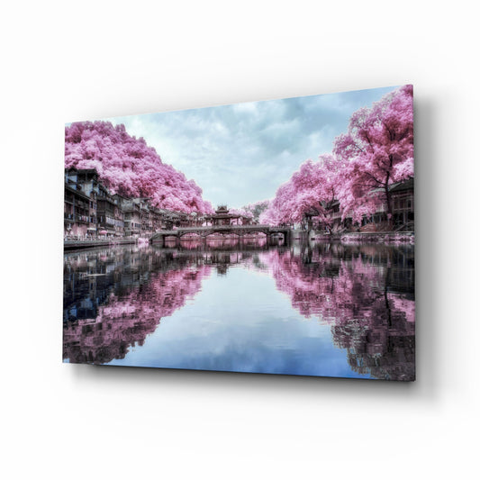 Pink Landscape glass wall art displayed above a console in a designer interior