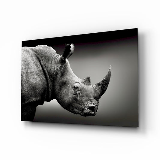 Rhino glass wall art displayed above a console in a designer interior