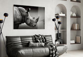 Rhino glass wall art styled above a desk in an introspective study