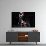Women's panel catching gallery light to reveal its tactile gloss