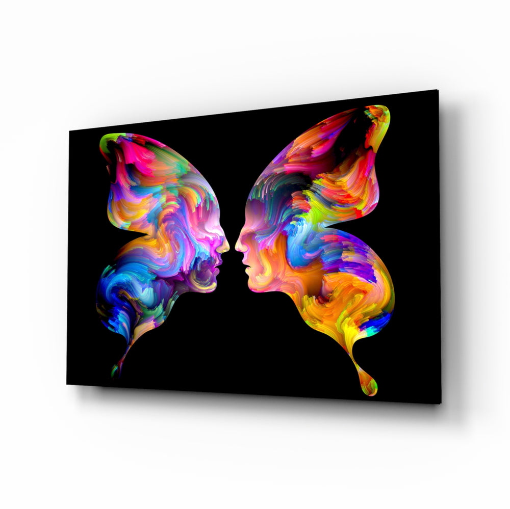 Butterfly Silhouettes glass wall art displayed above a console in a designer interior
