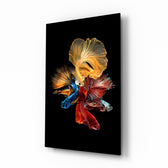 Betta's Dance glass wall art displayed above a console in a designer interior