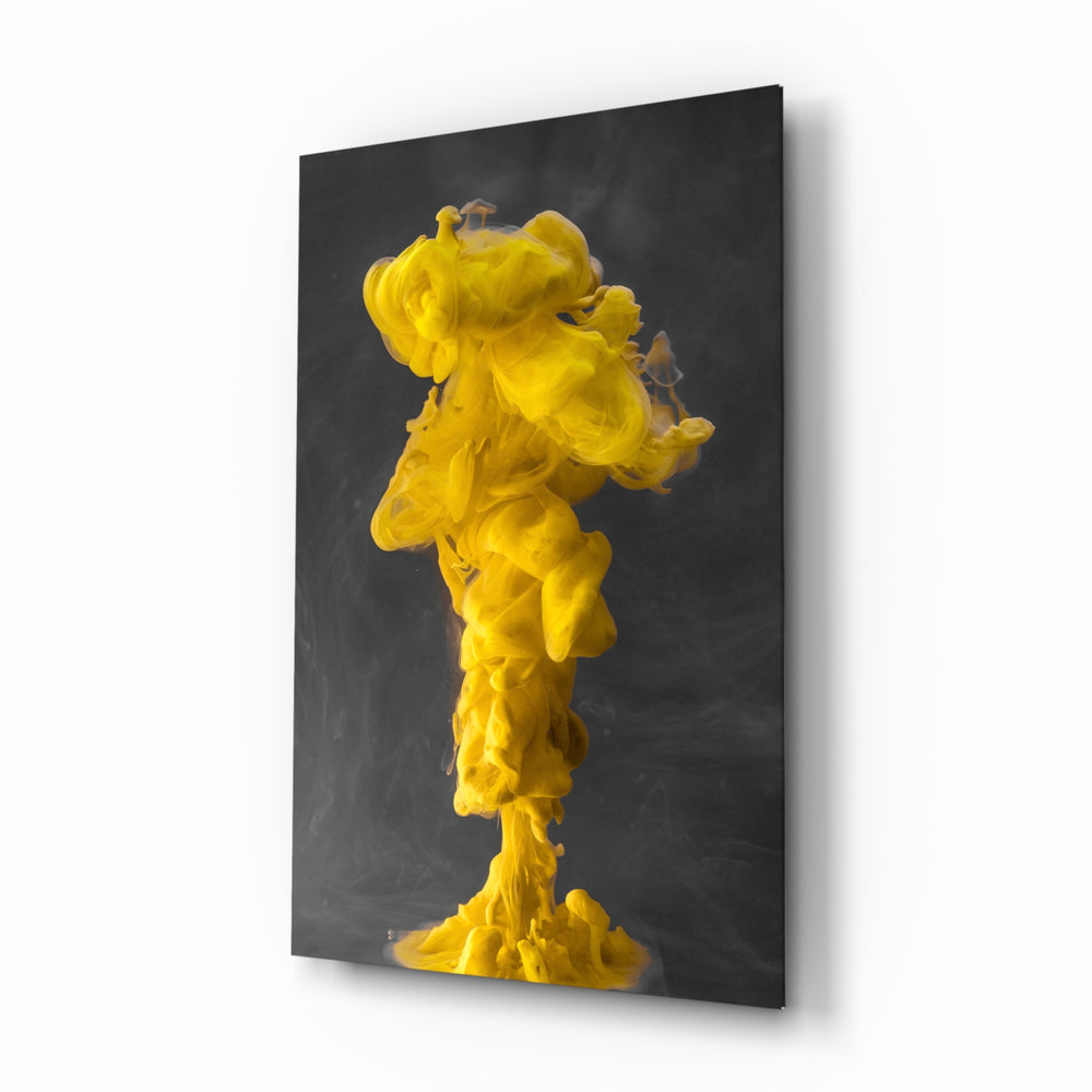 Yellow Smoke glass wall art displayed above a console in a designer interior