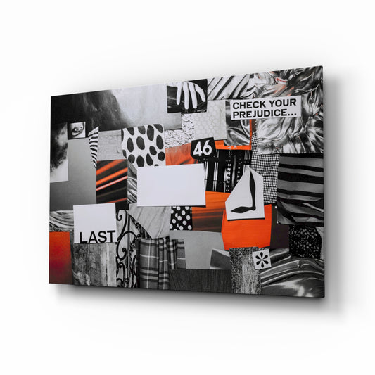 Question Your Prejudice glass wall art displayed above a console in a designer interior
