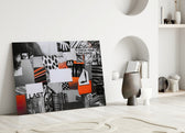 Close-up detail of monochrome and scarlet swatches with bold slogan