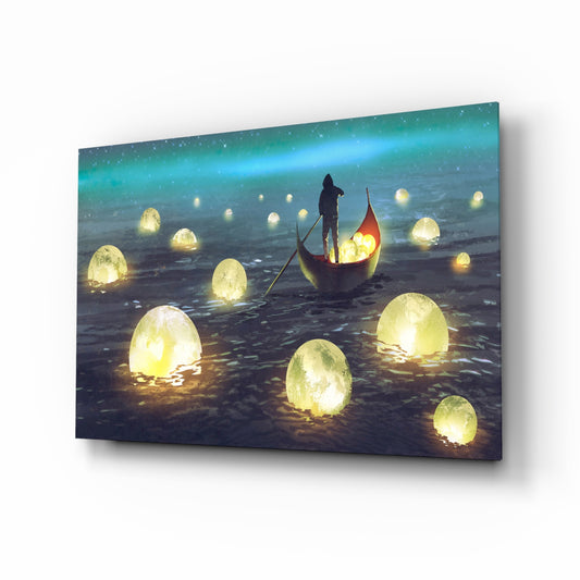 Moon Collector glass wall art displayed above a console in a designer interior