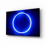 Blue Ring glass wall art displayed above a console in a designer interior