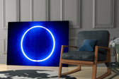 Blue Ring glass print enhancing a lounge with after-hours drama