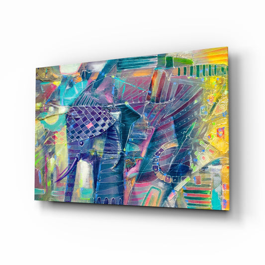 Elephant glass wall art displayed above a console in a designer interior