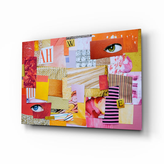 Modern Patchwork glass wall art displayed above a console in a designer interior