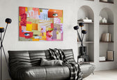 Modern Patchwork glass wall art styled above a desk in a creative office