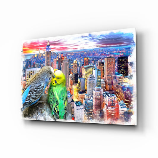 Budgies glass wall art displayed above a console in a designer interior