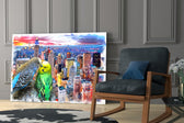 Budgies glass print enhancing a creative office with editorial mood