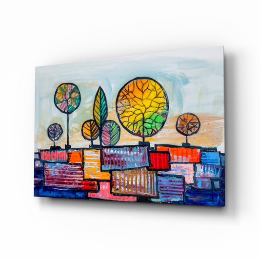 Abstract City glass wall art displayed above a console in a designer interior
