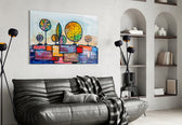 Abstract City glass wall art styled above a desk in a child's room