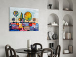 Abstract City panel adding cottage mood to a kitchen