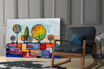 Abstract City glass print enhancing a foyer with editorial spirit