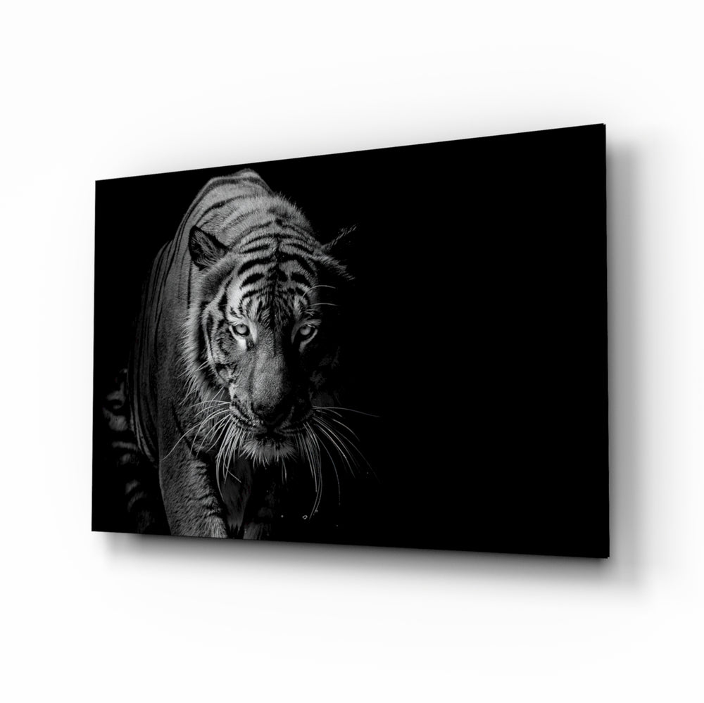 Tiger glass wall art displayed above a console in a designer interior