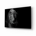 Tiger glass wall art displayed above a console in a designer interior