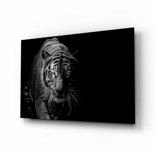 Tiger glass wall art displayed above a console in a designer interior