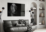 Tiger glass wall art styled above a desk in an introspective study