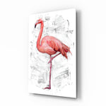 Flamingo glass wall art displayed above a console in a designer interior