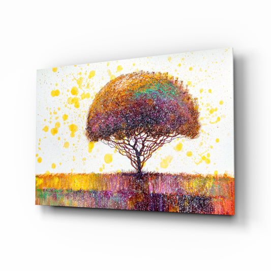 Colorful Tree glass wall art displayed above a console in a designer interior