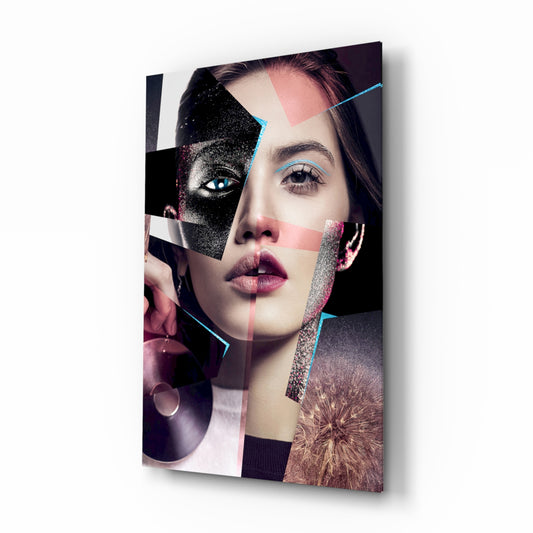 Abstract Woman Portrait glass wall art displayed above a console in a designer interior