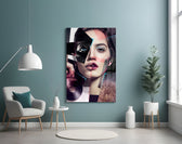 Abstract Woman Portrait glass wall art styled above a desk in a creative office