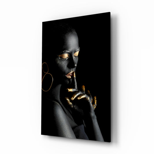 Silent Woman glass wall art displayed above a console in a designer interior