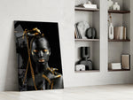 Gold Woman glass print enhancing a foyer with statement focal point