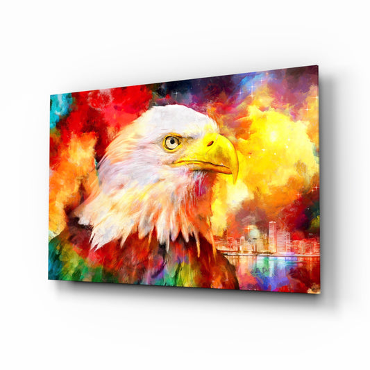 Colorful Eagle glass wall art displayed above a console in a designer interior