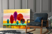 Colorful Trees glass print enhancing a foyer with editorial spirit