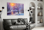 Winter's Day glass wall art styled above a desk in a country study