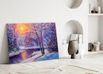 Close-up detail of snow-frosted birches against rose sunrise
