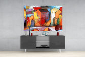 Colorful Houses panel catching gallery light to reveal its tactile stroke