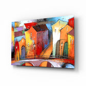 Colorful Houses glass wall art displayed above a console in a designer interior