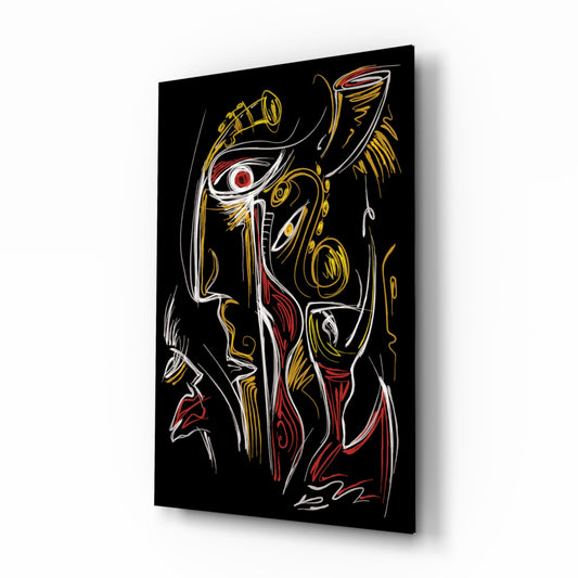 Abstract Faces glass wall art displayed above a console in a designer interior