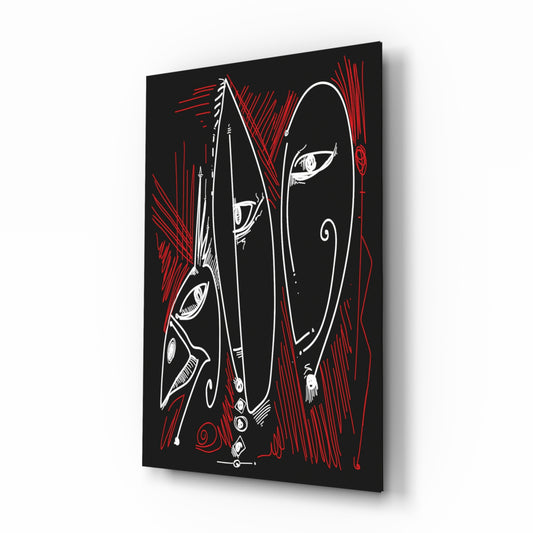 Abstract glass wall art displayed above a console in a designer interior