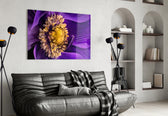 Yellow Flower glass wall art styled above a vanity in a powder room